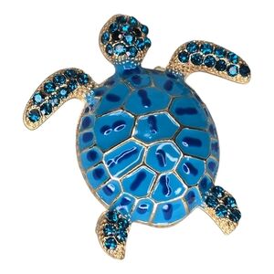Blue Turquoise Gold Rhinestone Turtle Pendant Brooch Pin